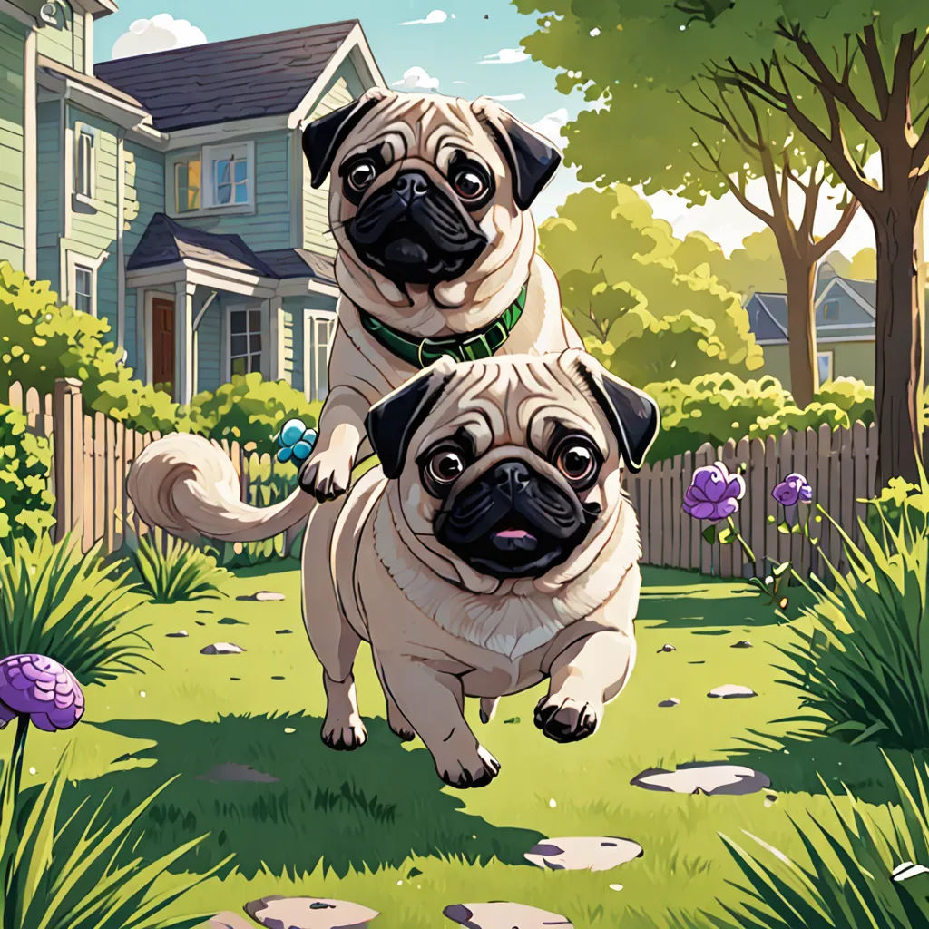 two pugs running in the grass near a house and a flower garden with flowers in the foreground, Dan Mumford, sots art, a storybook illustration, official art