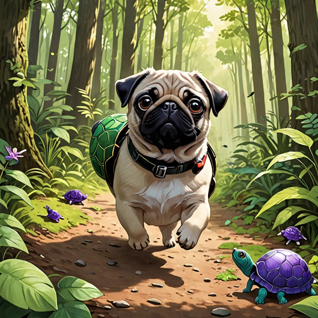 a pug dog is walking through a forest with a turtle on the ground and a green backpack on its back, Chris LaBrooy, altermodern, a digital painting, magic the gathering artwork