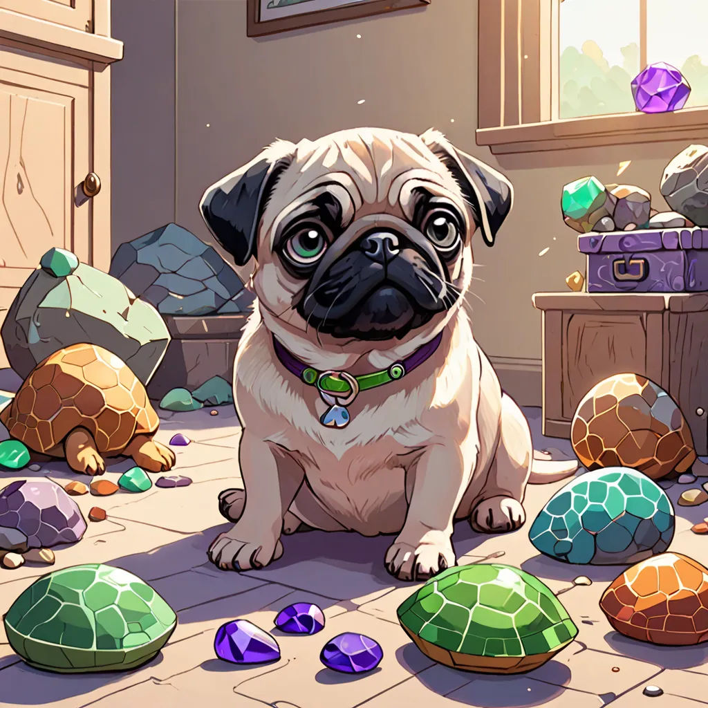 a pug dog sitting on the floor surrounded by rocks and stones, looking at the camera with a sad look on his face, Artgerm, sots art, concept art, game art