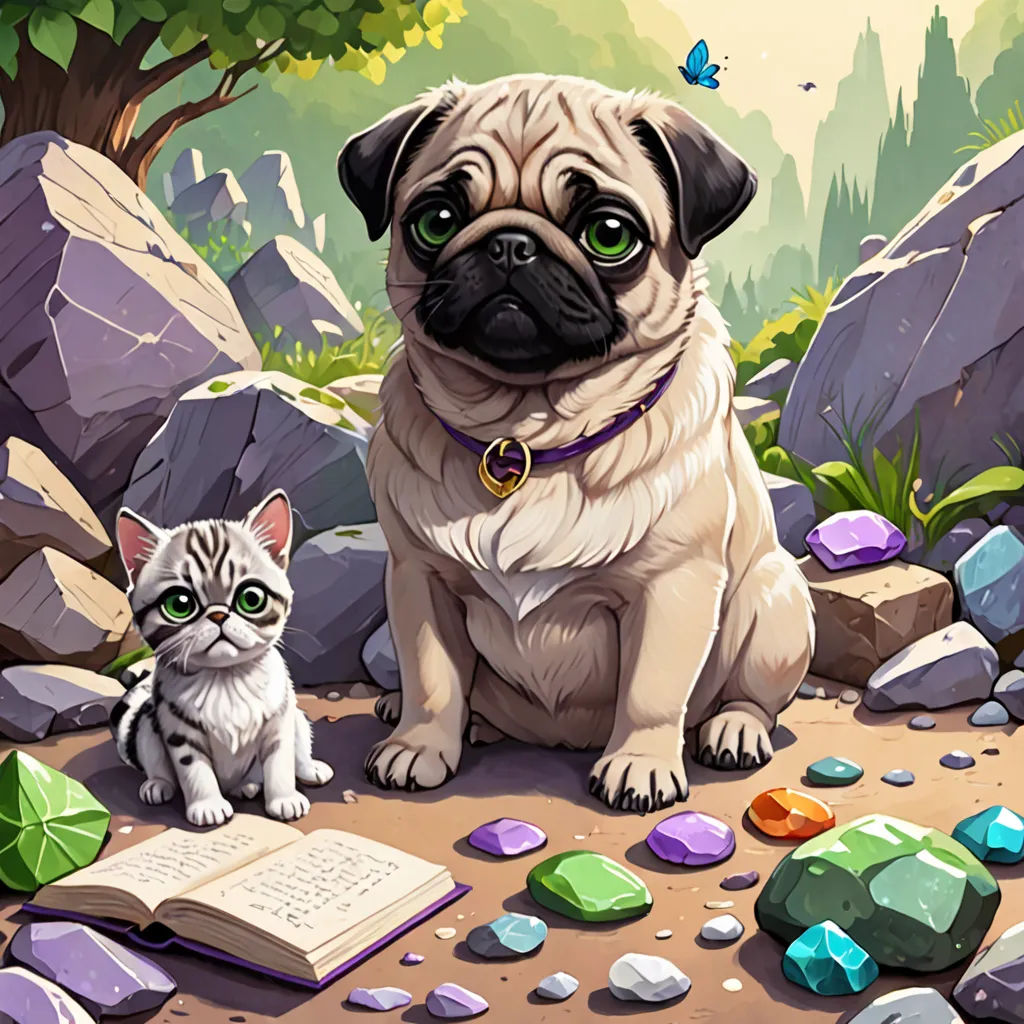 a dog and a cat sitting on a rocky ground with rocks and rocks around them, with a butterfly flying above, Anne Stokes, fantasy art, a storybook illustration, game art