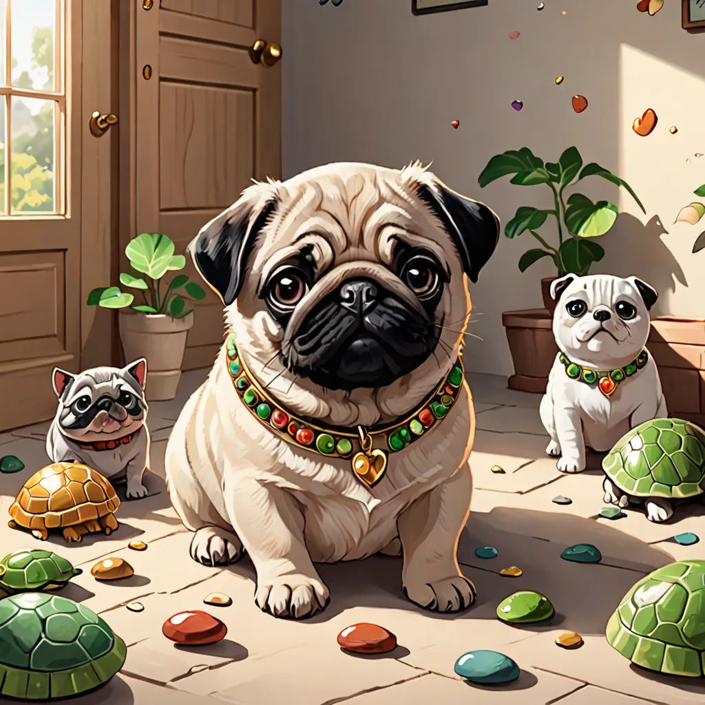 a painting of a pug and two cats sitting on the floor with a turtle and turtle shell on the floor, Chris LaBrooy, sots art, a storybook illustration, game art