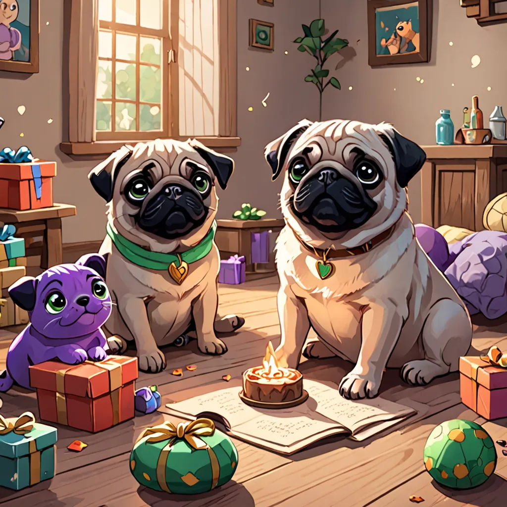 two pugs sitting on a floor with presents and a cake in front of them, with a dog looking at the camera, Cyril Rolando, sots art, a detailed painting, game art