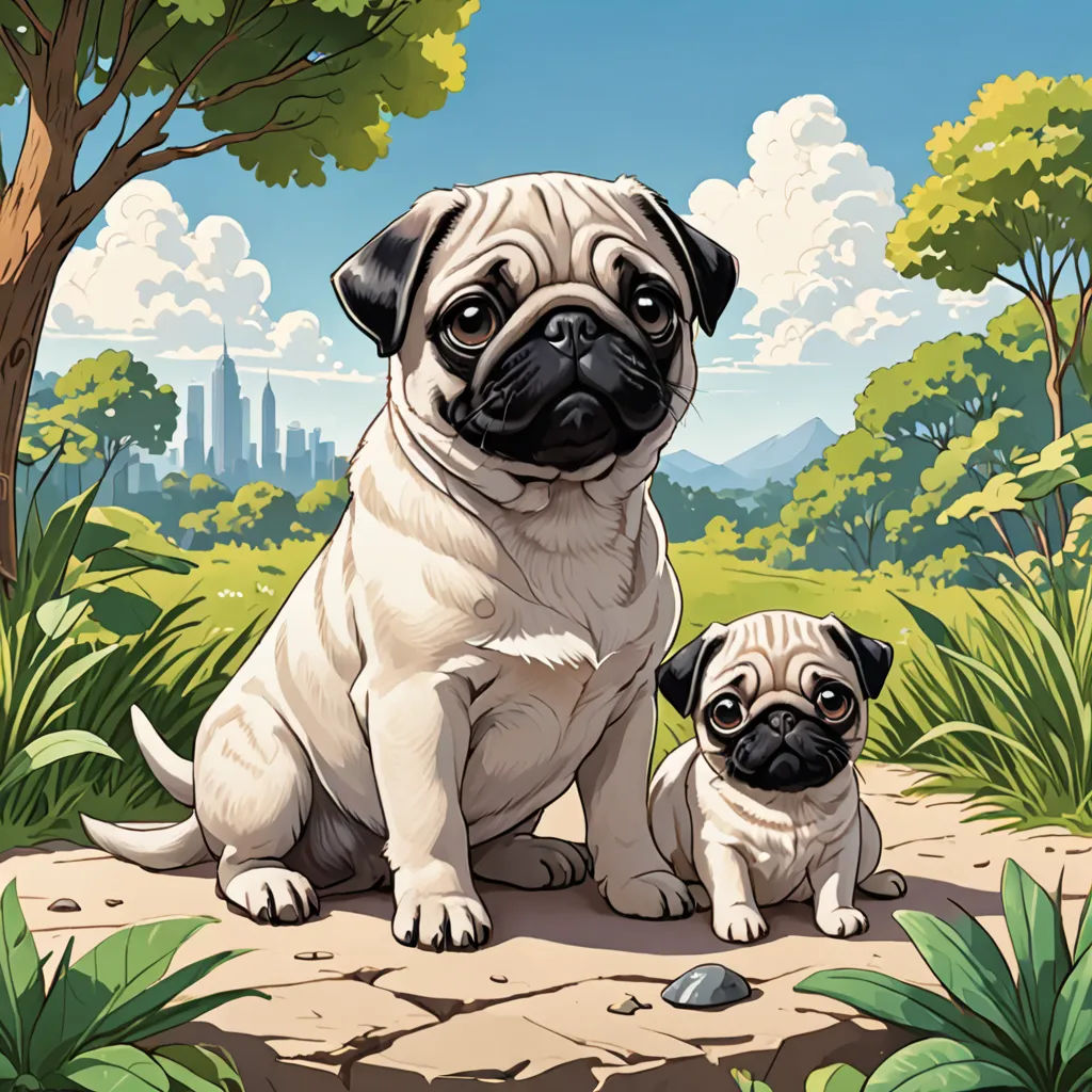 a couple of pugs sitting next to each other on a field of grass and trees with a city in the background, Dan Mumford, serial art, a storybook illustration, official art