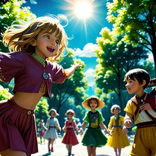 a group of children walking down a street next to trees and a sun shining down on them, with a girl in a purple dress