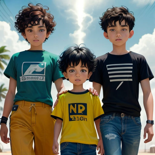 three children are standing in front of a palm tree and a blue sky with clouds in the background, wearing t - shirts with the number n 1211 on them
