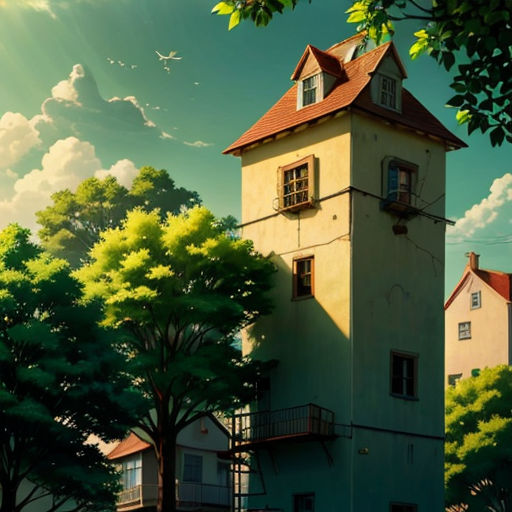 a painting of a house with a tower and trees in the foreground and a bird flying overhead in the background