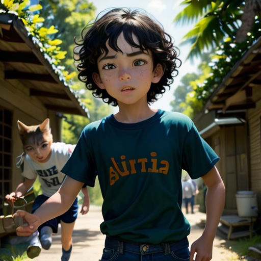 a young boy standing next to a cat on a sidewalk next to a house and a cat on a fence