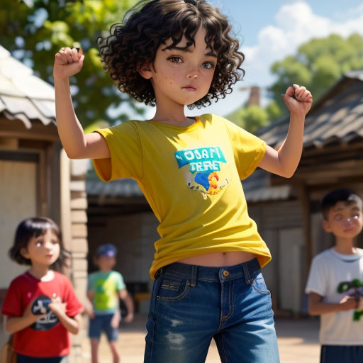 a young girl in a yellow shirt is dancing with other children in the background and a building in the background