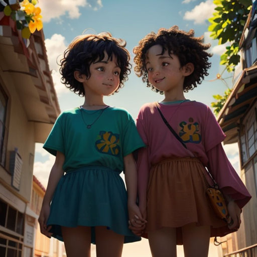 two young girls standing next to each other in front of a building with a sky background and flowers on the roof
