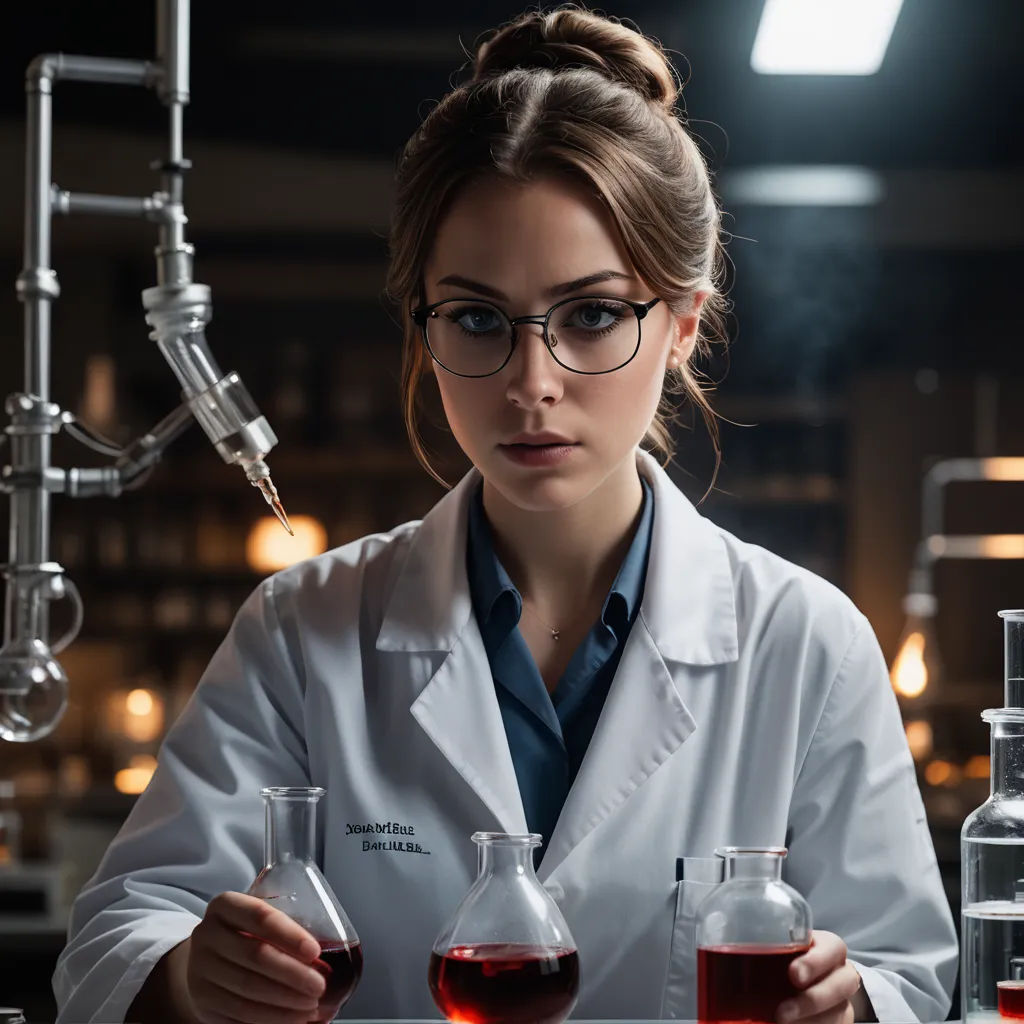 a woman in a lab coat holding a beakle with red liquid in it and a pipework behind her, academic art, a stock photo, Constance Gordon-Cumming, promotional image