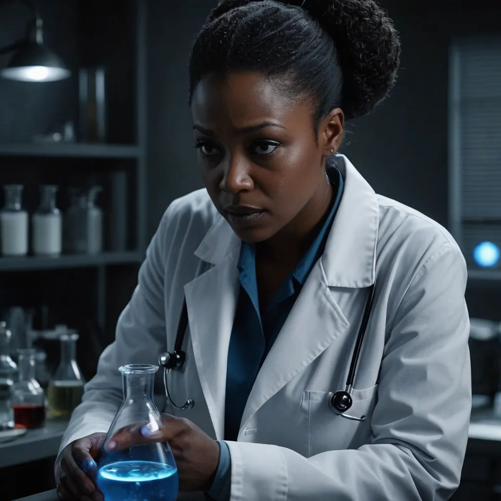 a woman in a lab coat holding a beakle with a liquid inside of it in a dark room, afrofuturism, a character portrait, Constance Gordon-Cumming, promotional image