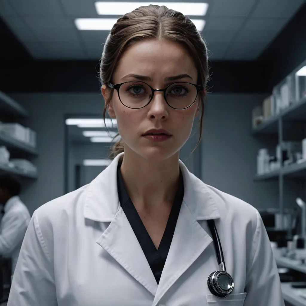 a woman in a lab coat and glasses looking at the camera with a serious look on her face and hands, bauhaus, a character portrait, Dr. Atl, promotional image