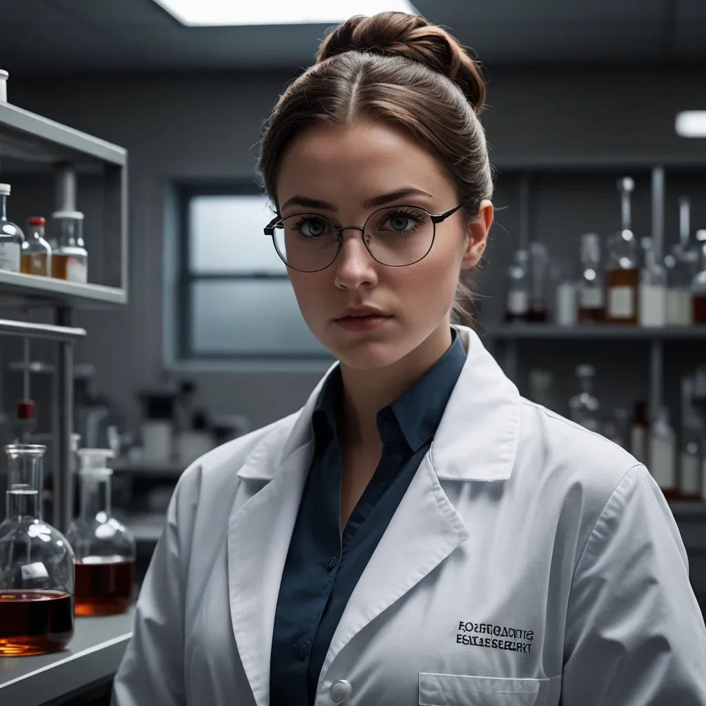 a woman in a lab coat and glasses standing in front of a shelf of bottles and beakers with liquid, bauhaus, a character portrait, Constance Gordon-Cumming, promotional image