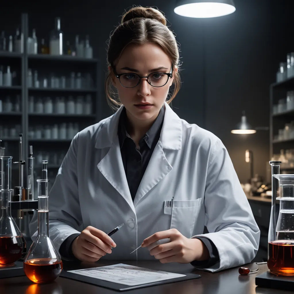 a woman in a lab coat is writing on a piece of paper in front of a table with flasks and test tubes, neoplasticism, a stock photo, Claire Falkenstein, promotional image