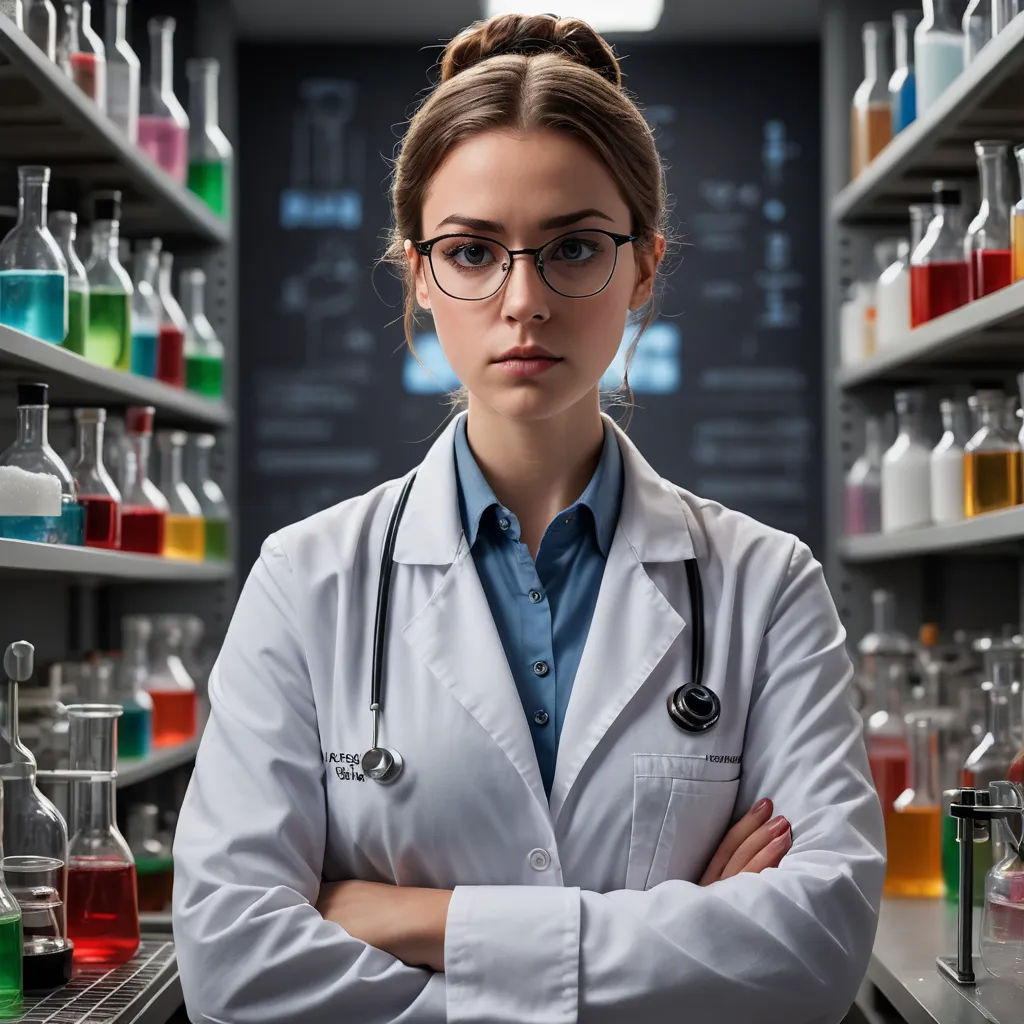 a woman in a lab coat standing in front of a shelf of bottles and flasks with a stethoscope on it, neoplasticism, a stock photo, Doc Hammer, promotional image
