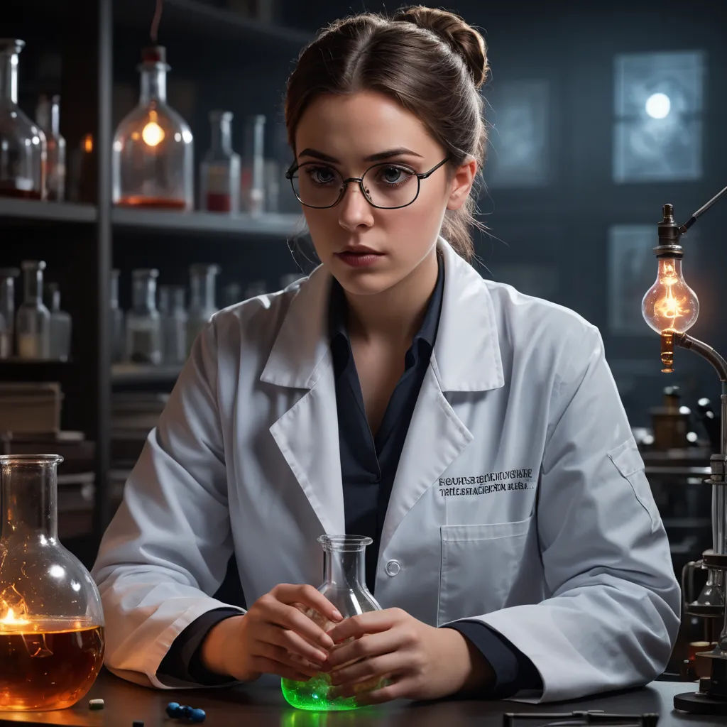 a woman in a lab coat holding a beakle in front of a green light bulb in a laboratory, neoplasticism, a stock photo, Dirk Crabeth, promotional image