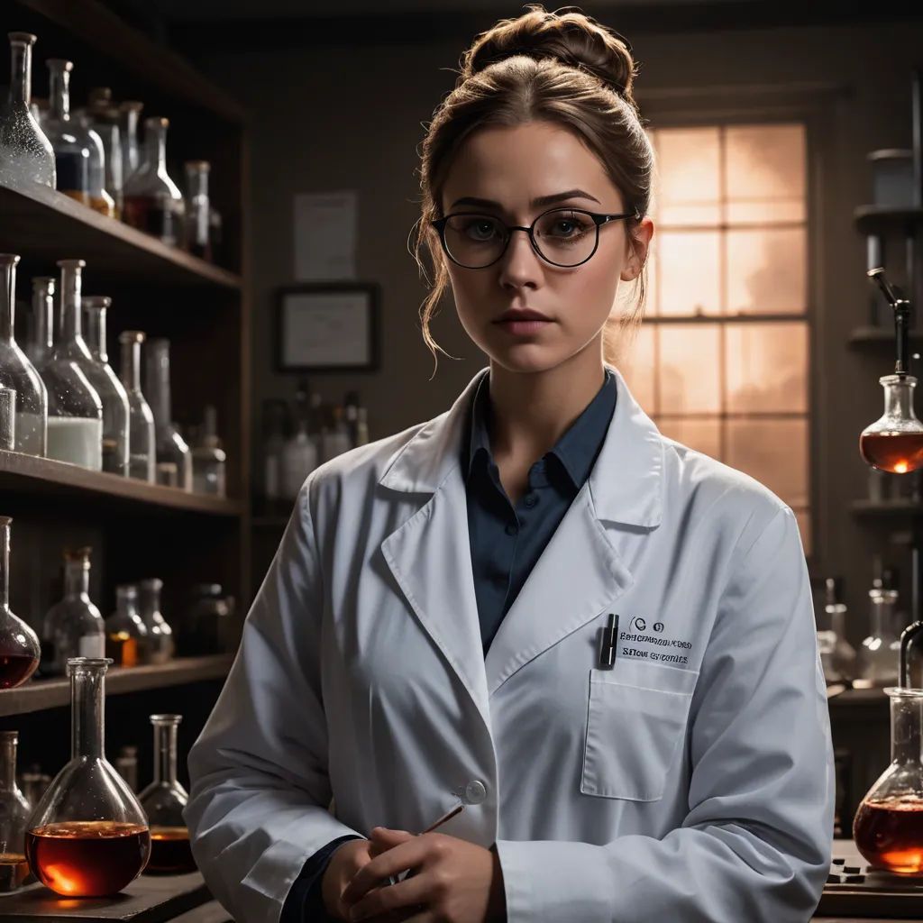 a woman in a lab coat standing in front of a shelf of bottles and beakles with liquid in them, neoplasticism, a character portrait, Constance Gordon-Cumming, promotional image