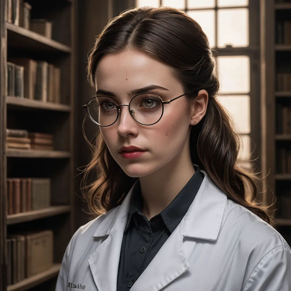 a woman wearing glasses and a lab coat in a library with bookshelves behind her and a window, academic art, a character portrait, Eszter Mattioni, glasses