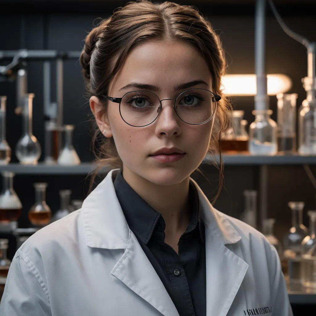 a woman in a lab coat and glasses in front of a shelf of glassware and bottles with a light on, rayonism, a character portrait, Elina Karimova, glasses