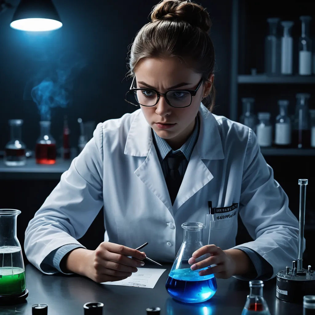 a woman in a lab coat is doing something in a flask with a blue liquid in it and a green liquid in a glass, academic art, a stock photo, Claire Falkenstein, biopunk