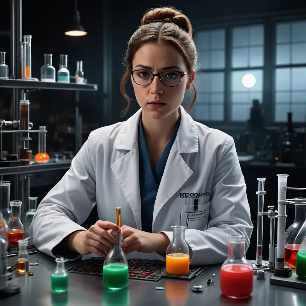 a woman in a lab coat is working on a computer surrounded by test tubes and beakles with colored liquids, neoplasticism, a stock photo, Christian W. Staudinger, promotional image