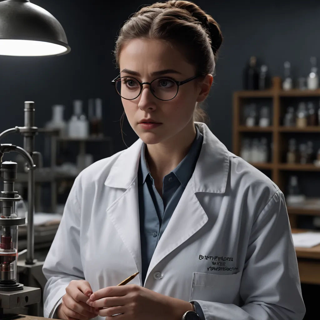 a woman in a lab coat writing on a piece of paper next to a microscope and a lamp on a table, academic art, a character portrait, Elina Karimova, promotional image