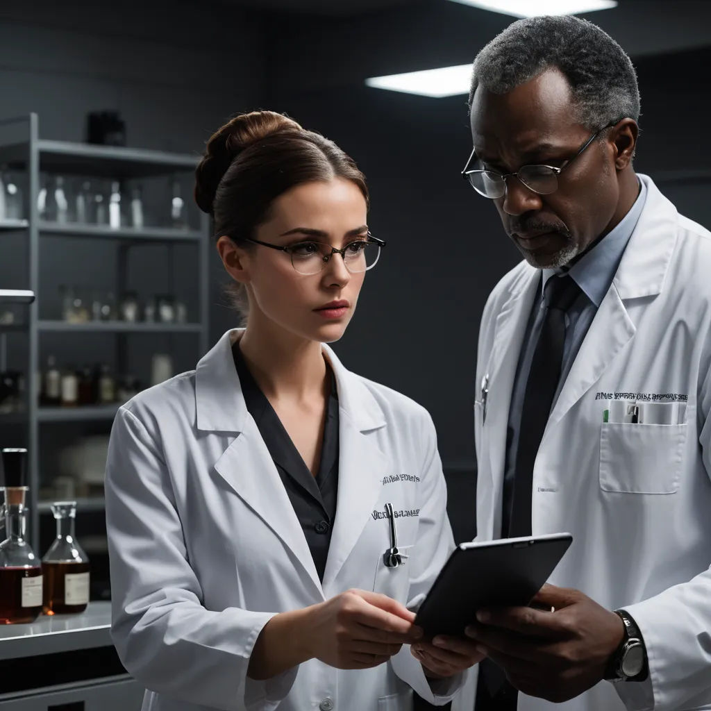 a man and woman in lab coats looking at a tablet computer screen in a laboratory setting with bottles of alcohol behind them, neoplasticism, a stock photo, Doc Hammer, promotional image