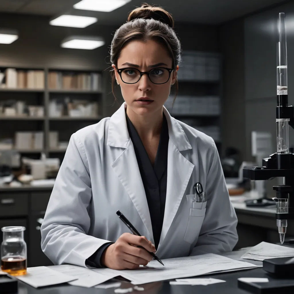 a woman in a lab coat writing on a piece of paper with a microscope in the background and a glass of liquid in the foreground, private press, a character portrait, Daphne Fedarb, promotional image