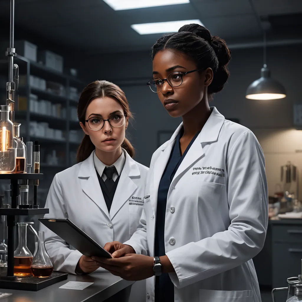 two women in lab coats looking at a tablet computer screen in a laboratory setting with a light on the table, institutional critique, a stock photo, Doc Hammer, promotional image
