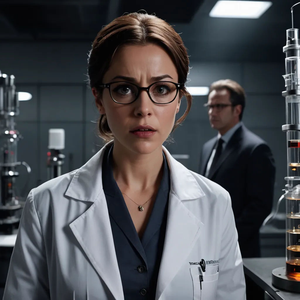 a woman in a lab coat and glasses standing in front of a glass tube with a liquid inside of it, international gothic, a character portrait, Claire Falkenstein, promotional image