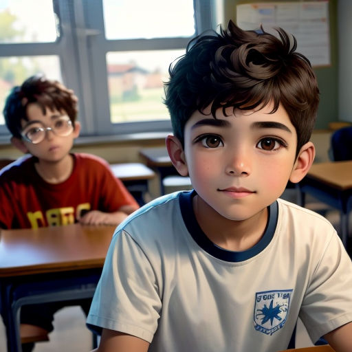 a boy sitting at a desk in a classroom with another boy behind him and another boy behind him looking at the camera