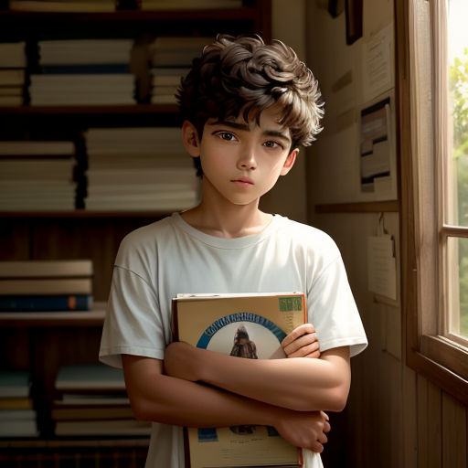 a boy is holding a book in front of a window with a bookcase behind him and a book in his hands