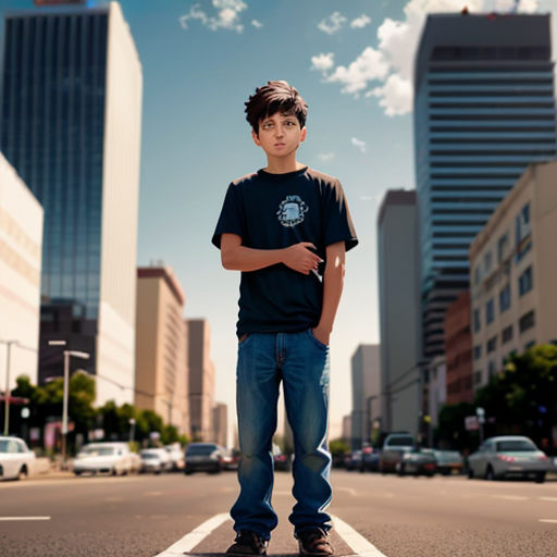 a boy standing on the side of a road in a city with tall buildings in the background and a blue sky