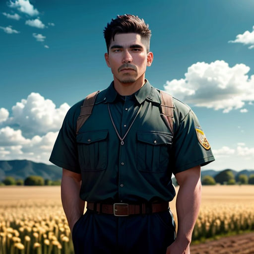 a man in a uniform standing in a field of flowers with a sky background and clouds in the background