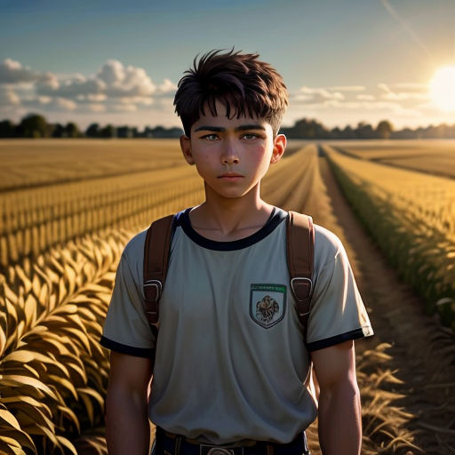 a boy standing in a field of wheat at sunset with the sun behind him and the sky in the background