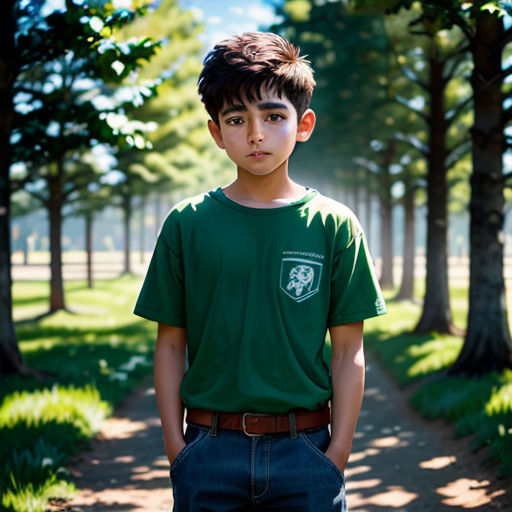 a young boy standing in the middle of a forest with trees in the background and a path leading to the woods