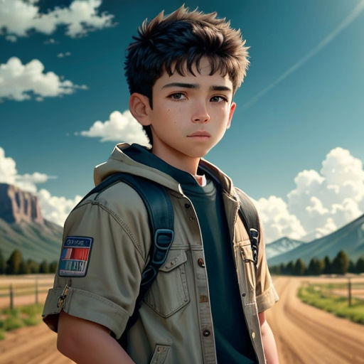 a boy in a jacket standing in the dirt with mountains in the background and clouds in the sky above