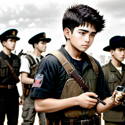 a group of young men standing next to each other in uniform with guns in their hands and a camera in his hand