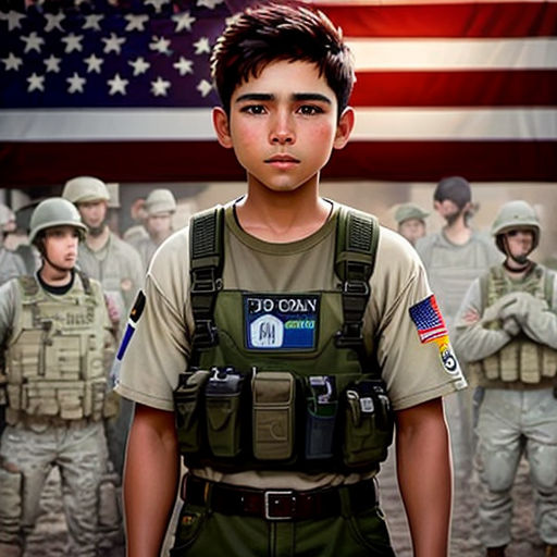 a boy in a uniform standing in front of a group of soldiers in front of an american flag and a flag