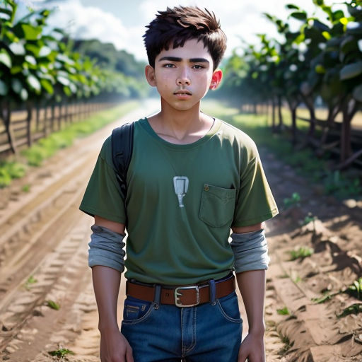 a young man standing in a field with a green shirt on and a brown belt around his waist and a green shirt on his shoulder