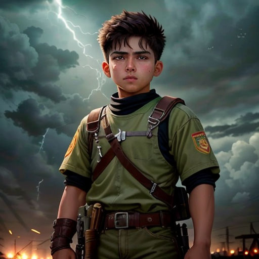 a boy in a uniform standing in front of a lightning storm with a gun in his hand and a helmet on