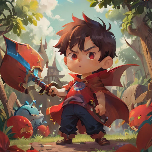 a boy with a sword in a forest with monsters and trees in the background, with a castle in the background
