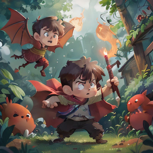 a boy holding a sword in the middle of a forest with other children around him and a dragon flying overhead