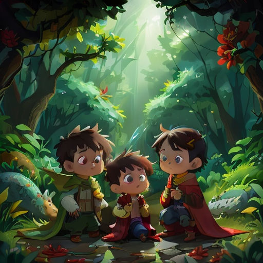 three children are sitting in the woods with a light shining through the trees behind them and a dragon is standing in the distance