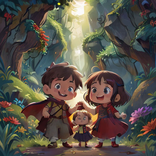 a couple of kids standing in the middle of a forest with a light coming through the trees and a small boy standing next to them