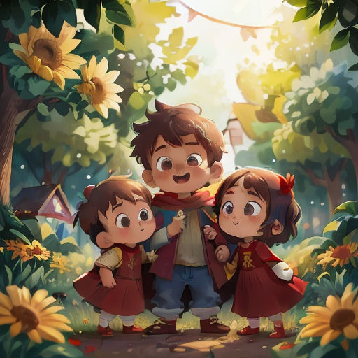 a group of children standing in a forest with sunflowers behind them and a boy holding a girl