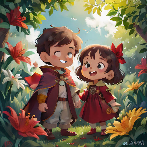 a couple of kids standing next to each other in a forest with flowers and trees behind them, with a sky background