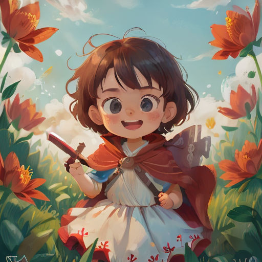 a little girl with a sword in a field of flowers and flowers in the background is a sky with clouds