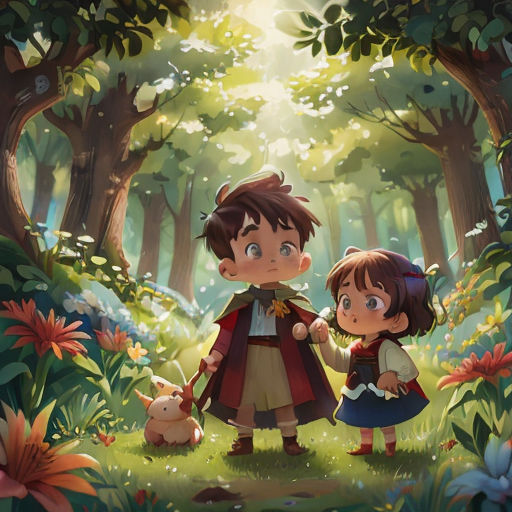 a boy and a girl are standing in the woods with a dog and a pig in their hands, looking at the trees
