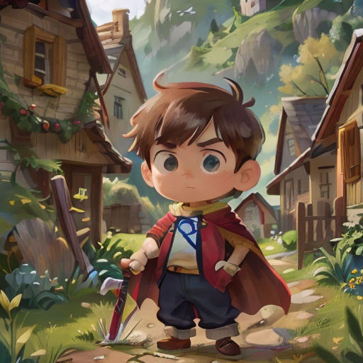 a boy with a sword in a cartoon style, standing in front of a village with houses and trees